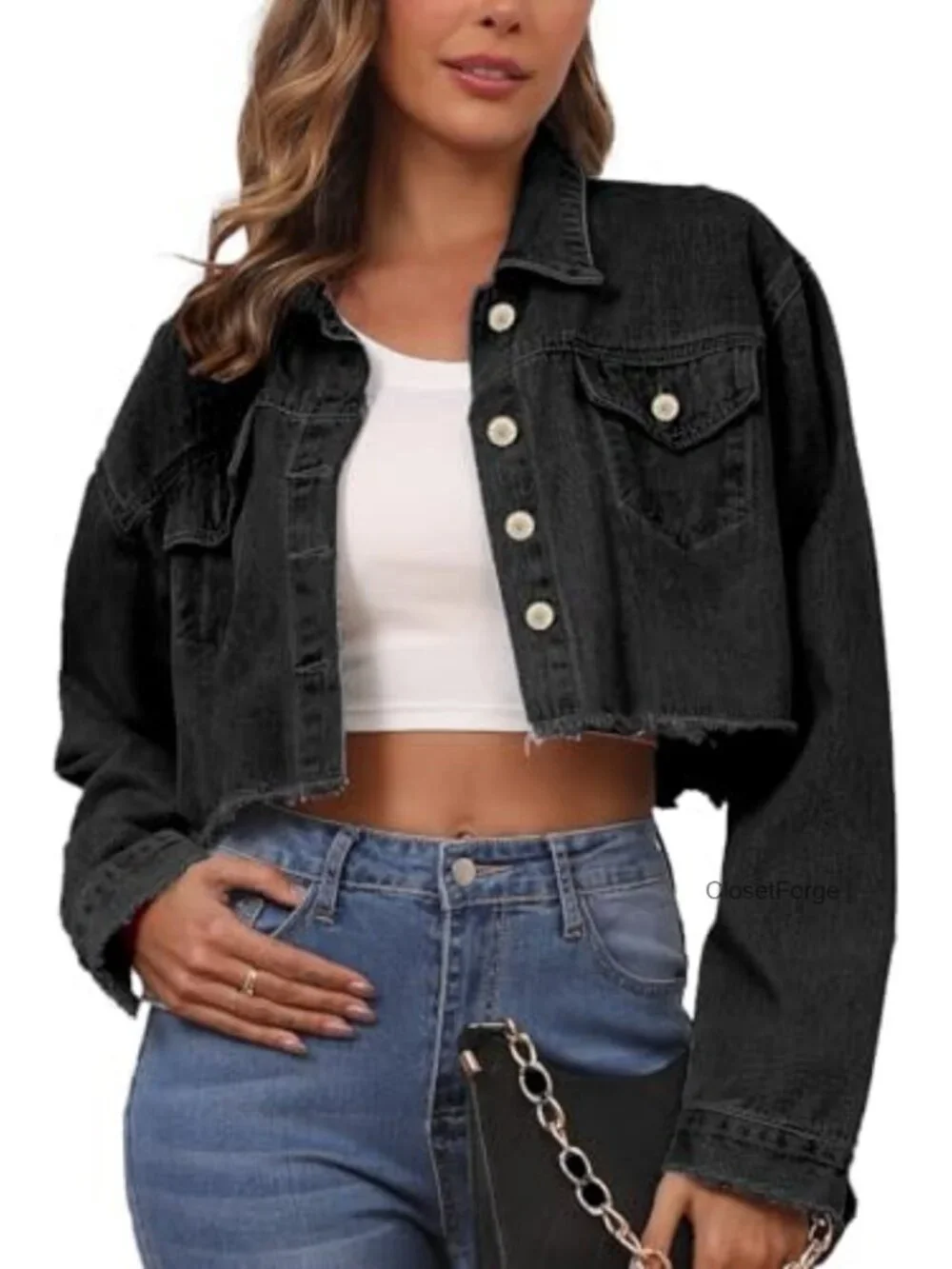 Cropped Denim Jacket Distressed Frayed Hem Button Front Two Pockets